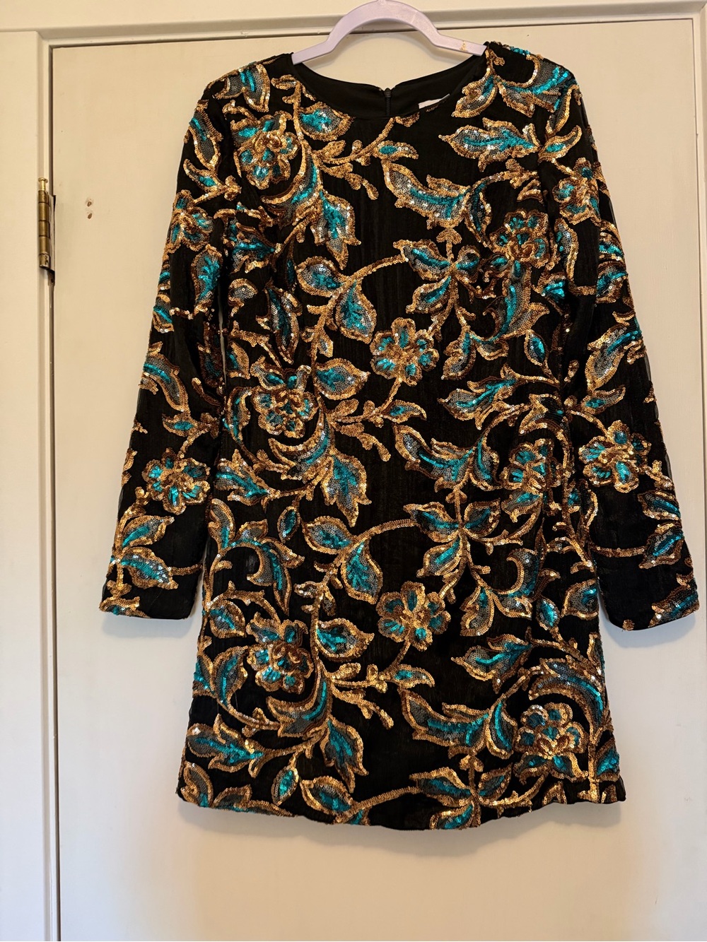 Dress the Population Black Dress with Gold and Teal Sequin Floral Design